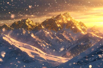 Poster - 夕日の光に照らされた雪山の風景 雪と輝きの山頂 夕焼けの空の背景
