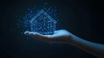 Poster - futuristic concept of a hand holding a digital wireframe house made of glowing blue particles. symbo