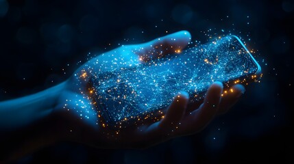 Leinwandbilder - A smartphone in hand glows with connected data streams under cool light. The device symbolizes global communication and network activity. Abstract wireframe in dark blue.