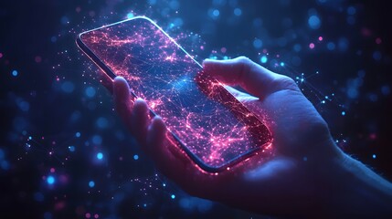 Leinwandbilder - A hand holds a smartphone displaying a glowing pink and red network, visualizing digital connections against a backdrop of blue and pink bokeh lights. Abstract wireframe in dark blue.