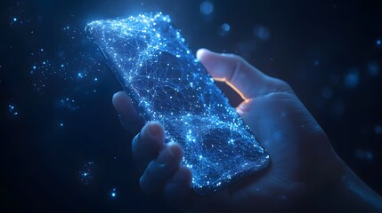 Leinwandbilder - Hand showcasing a smartphone enveloped in a radiant, interconnected blue network, symbolizing advanced digital connectivity and future tech. Abstract wireframe in dark blue.