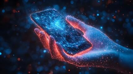 Leinwandbilder - Futuristic digital hand holding a glowing phone, connectivity emphasized by vibrant colors. A conceptual image of technology intertwined with human interaction. Abstract wireframe in dark blue