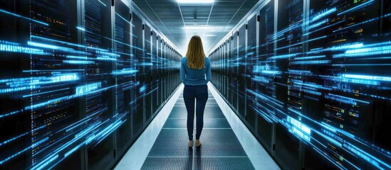 Poster - navigating the digital frontier a lone woman strides through a high tech server room illuminated by streams of data creating an ethereal and modern atmosphere