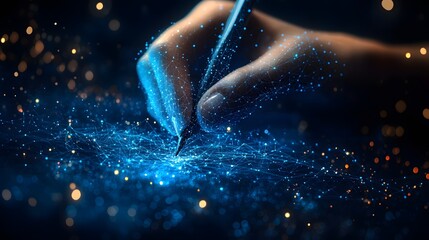 Poster - Captivating image of a hand poised with a pen, creating a digital connection highlighted by gold and blue networks. Perfect for illustrating innovation. Abstract wireframe in dark blue.