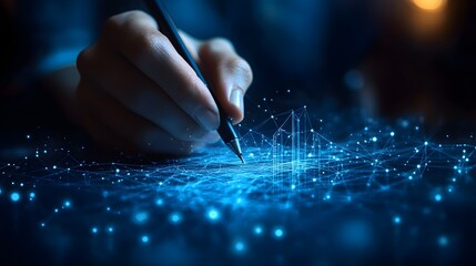 Leinwandbilder - Futuristic concept of a hand interacting with a glowing network. Illustrates connection, innovation, and digital communication in a technological world. Abstract wireframe in dark blue.