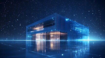 Poster - Futuristic two-story building reflecting on a polished surface under a starry night. Large windows emit a warm glow, contrasting with the dark blue. Abstract connected wireframe in dark blue.