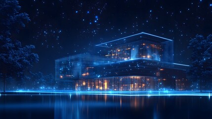 Poster - Modern building with glowing facade mirroring in water under a starry sky. Boxy, cantilevered design contrasts warm light with cool blues. Serene, futuristic scene. Abstract wireframe in dark blue.