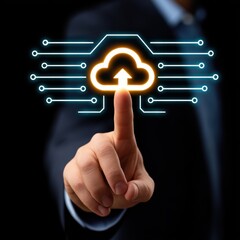 Poster - A businessman s hand interacts with a futuristic holographic cloud computing interface representing the of technology and business processes