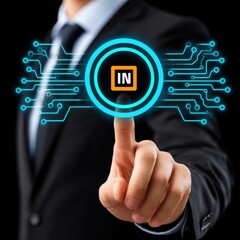 Poster - A businessman wearing a suit is touching a futuristic digital interface with circuit board elements symbolizing technological innovation and digital transformation in business