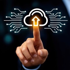 Poster - A person s finger touching a glowing digital cloud computing interface representing data storage online services and technology innovation