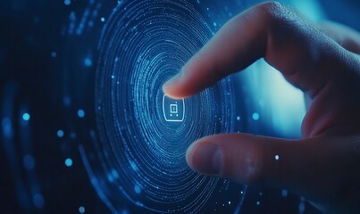 Poster - Businessman touches finger on biometric brushing on virtual screen for touch totem and object icon of security digital identity on blue background with copy space, business concept technology touch ID