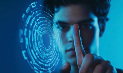 Poster - Businessman touches finger on biometric brushing on virtual screen for touch totem and object icon of security digital identity on blue background with copy space, business concept technology touch ID