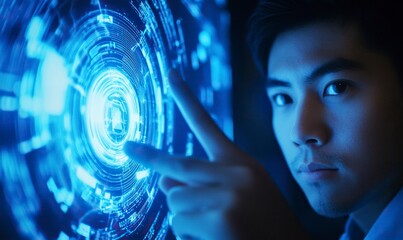 Poster - Businessman touches finger on biometric brushing on virtual screen for touch totem and object icon of security digital identity on blue background with copy space, business concept technology touch ID