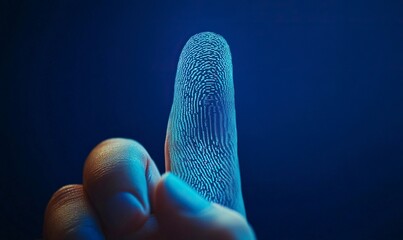 Poster - Businessman touches finger on biometric brushing on virtual screen for touch totem and object icon of security digital identity on blue background with copy space, business concept technology touch ID