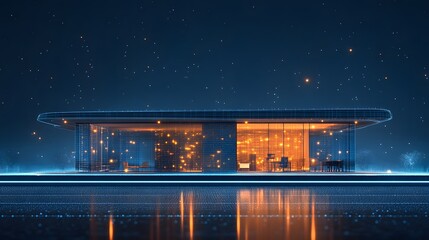 Poster - Futuristic building glows under a starry night. Modern architecture, warm interior light reflecting on water. Serene ambiance perfect for modern living. Abstract wireframe in dark blue.