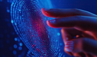 Poster - Businessman touches finger on biometric brushing on virtual screen for touch totem and object icon of security digital identity on blue background with copy space, business concept technology touch ID