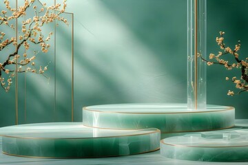 Poster - 緑色ステージの抽象デザイン背景に金のアクセントと春の花の要素