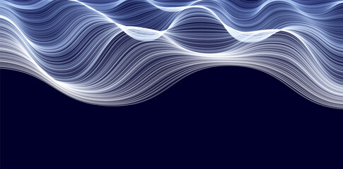 Poster - Abstract flowing wave lines on dark background. Waving clouds. Futuristic glowing motion pattern, stylish minimal texture for banners, websites, hi-tech visuals. Vector illustration