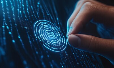 Poster - Businessman touches finger on biometric brushing on virtual screen for touch totem and object icon of security digital identity on blue background with copy space, business concept technology touch ID