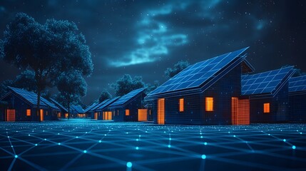 Poster - Futuristic street scene at night featuring glowing wireframe houses with solar panels and energy orbs. Promotes renewable energy. Abstract wireframe in dark blue