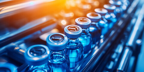 Poster - Close-up view of blue vials in laboratory setting Generative AI