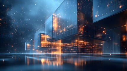 Poster - Futuristic cityscape with floating, grid-like structures glowing orange against a cool blue, starlit background. Reflective water adds depth. Abstract wireframe in dark blue.