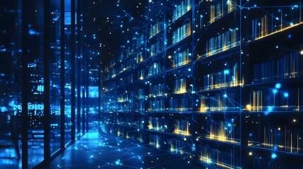 Aufkleber - Futuristic server room bathed in blue and gold, showcasing cutting-edge data storage. Rows of servers glow, connected by a dynamic network. Perfect for tech concepts. Abstract wireframe in dark blue.