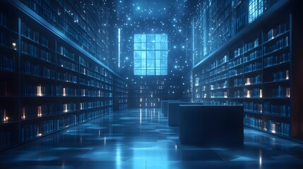Aufkleber - Step into this otherworldly library! Rows of glowing books stretch endlessly under a blue starlit sky. A place for knowledge and dreams. Abstract wireframe in dark blue.