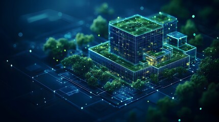 Aufkleber - Futuristic eco-city seamlessly blends nature and technology. Green roofs and scattered trees adorn modern grid-like buildings on a glowing circuit board. Abstract wireframe in dark blue