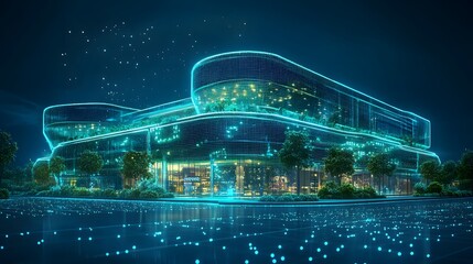Poster - Futuristic building seamlessly blends nature with modern design, featuring integrated greenery and glowing road. Warm light spills from within, inviting exploration. Abstract wireframe in dark blue.