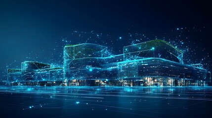 Poster - Futuristic cityscape with interconnected buildings and glowing data streams. A high-tech urban landscape illustrating a smart city's digital infrastructure. Abstract wireframe in dark blue.