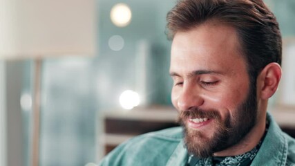 Aufkleber - Happy, research and man in office with computer for reading feedback on creative project. Smile, journalism and magazine editor with blog for online publishing review with technology in workplace.