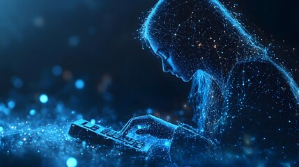 Fototapete - Futuristic woman interacts with a digital device, rendered in blue hues. Data-driven design with interconnected lines and bokeh background. Abstract wireframe in dark blue.