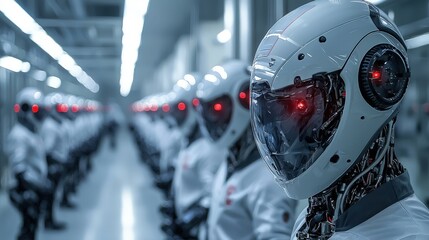 Fototapete - Automation revolution robots in manufacturing factory digital art futuristic environment side view innovation