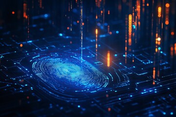 Poster - Coming fingerprint scanning biometric on a dark background with blue light glowing, identity check concept, copy space for text, banner design.