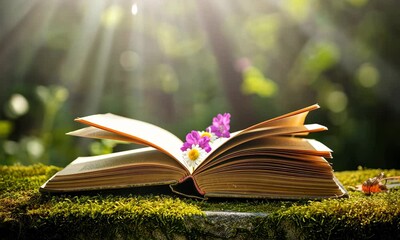 Wall Mural - open book with flowers on mossy surface in sunlight