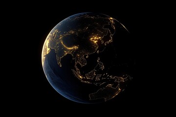  Earth at night, illuminated by city lights, highlighting Asia