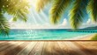 © chakkaphan - Wooden floor with ocean view and palm leaves under sunlight. Tropical seascape with blurred blue sea and sky. Summer vacation and travel concept. Design for banner, poster, print, card.