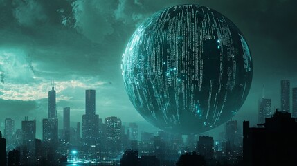 Poster - Digital Earth globe with binary code and digital network background, AI technology concept with city skyline silhouette in the distance. Copy space for text. High quality, extremely detailed, 