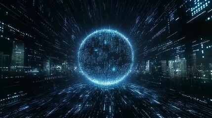 Poster - Digital Earth globe with binary code and digital network background, AI technology concept with city skyline silhouette in the distance. Copy space for text. High quality, extremely detailed, 