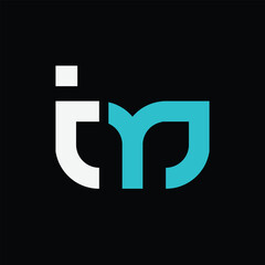 Poster - The image shows a flat monogram logo design of an initial letter tm in white and blue color that looks clean and sharp on a black background