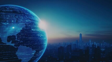 Poster - Digital Earth globe with digital data and technology background, city skyline silhouette on the horizon, blue gradient background, grid lines, binary code. Digital marketing concept design for global 