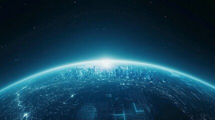 Poster - Digital Earth globe with digital data and technology background, city skyline silhouette on the horizon, blue gradient background, grid lines, binary code. Digital marketing concept design for global 