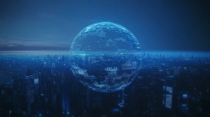 Poster - Digital Earth globe with digital data and technology background, city skyline silhouette on the horizon, blue gradient background, grid lines, binary code. Digital marketing concept design for global 