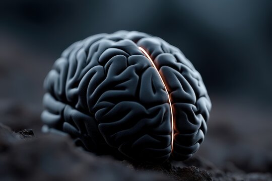 Realistic 3D rendered brain model in dark setting with blue accent light showcasing neural folds and organic anatomy structure conceptual representation of cognitive science and medical design