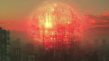 Poster - Digital globe with binary code and city skyline background, technology concept for global business or internet network system. Copy space, high quality. 