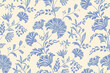 © Wita Pixs - Vintage floral ethnic tapestry modern embroidery texture boho design vector illustration hand drawn silhouette indigo blue flower motif branches leaves wallpaper seamless background border.