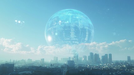 Poster - Digital globe with data and information on a background of a cityscape, a technology concept. Digital sphere with code lines and symbols over a blue sky with an abstract digital world in the air. 