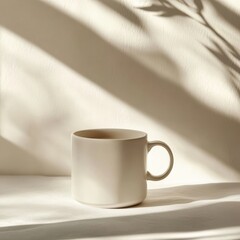 Poster - A ceramic mug on a white surface is bathed in natural light and shadow, creating a serene and minimalist aesthetic. Subtle beauty.