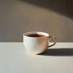 Aufkleber - Serene still life: A white cup filled with a dark beverage sits on a white surface, bathed in soft, dappled light. Simple and calming.